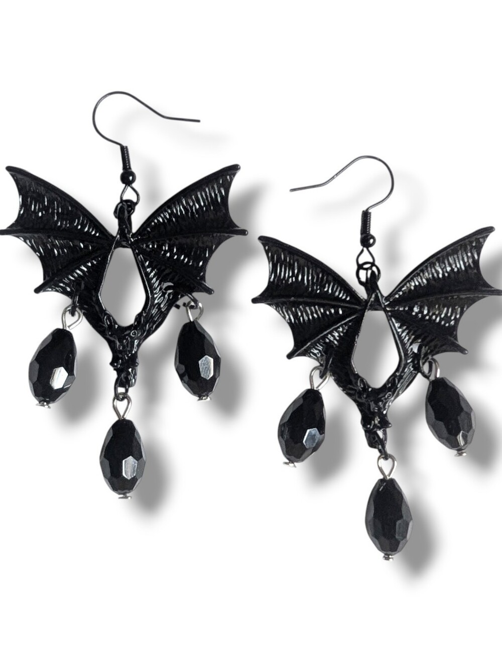 NWT Handmade Large Black Bat Wing Earrings With Dangly Black Gems